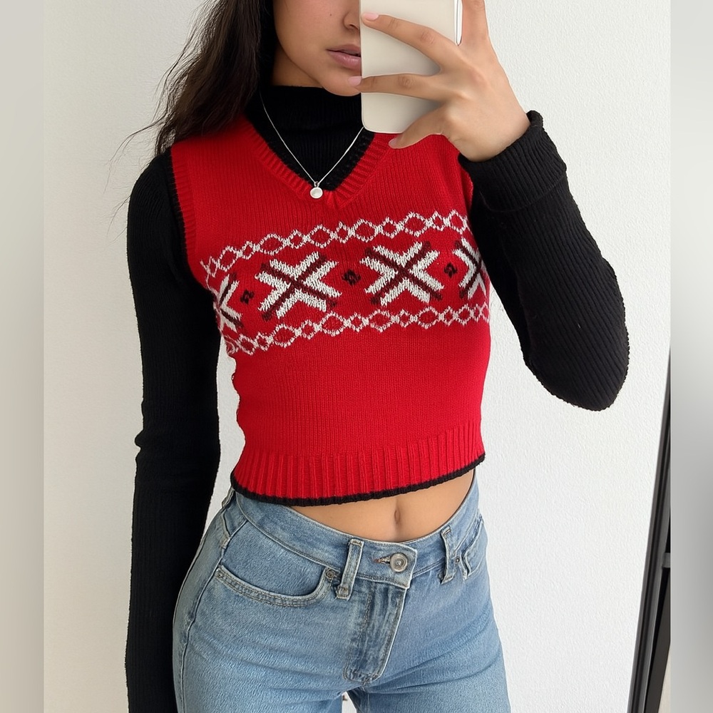 Red knit sweater vest with classic white & black Fair Isle pattern across chest